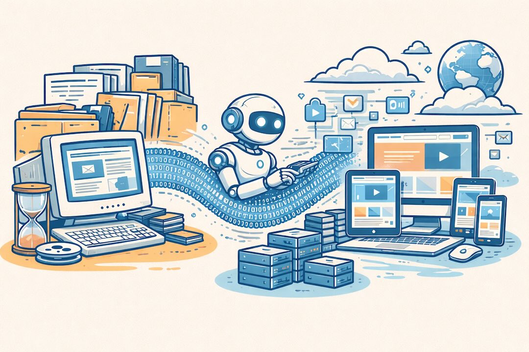 Illustrazione descrittiva del concetto di web archiving con uso di IA