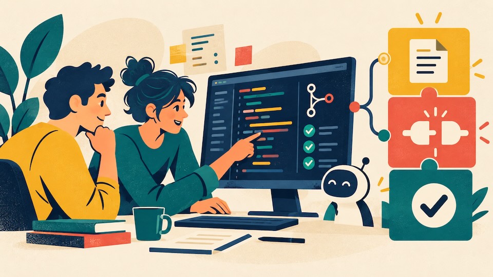Due persone esaminano codice e controlli su uno schermo, affiancate da un assistente digitale e moduli con simboli di documentazione, connessione e verifica.