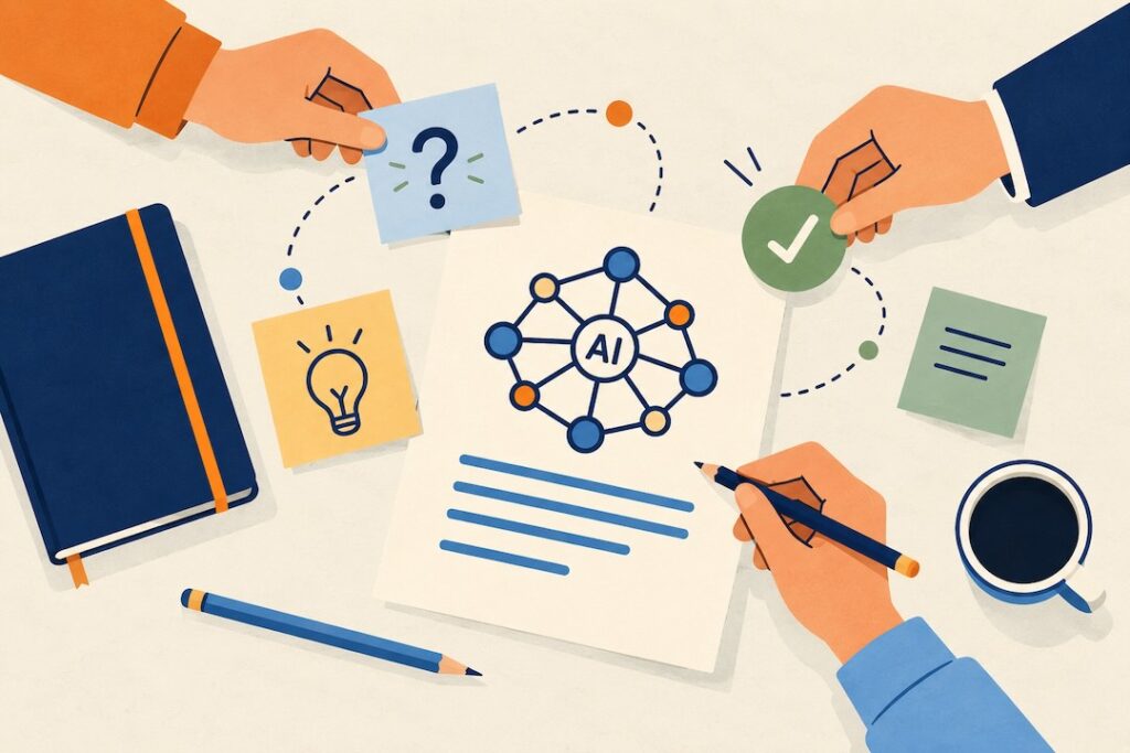 Tavolo condiviso per l’AI Illustrazione di mani che collaborano attorno a un documento sull’IA, con appunti e simboli di idee e verifica.