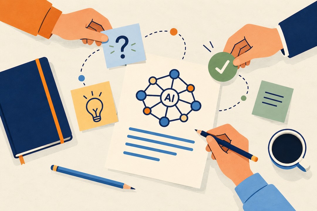 Illustrazione di mani che collaborano attorno a un documento sull’IA, con appunti e simboli di idee e verifica.