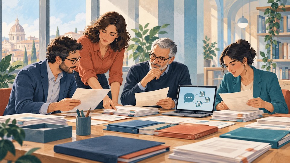 Organizzare i documenti per un assistente IA in ufficio Quattro colleghi esaminano e organizzano documenti intorno a un tavolo; sul portatile compare il simbolo di un assistente digitale.