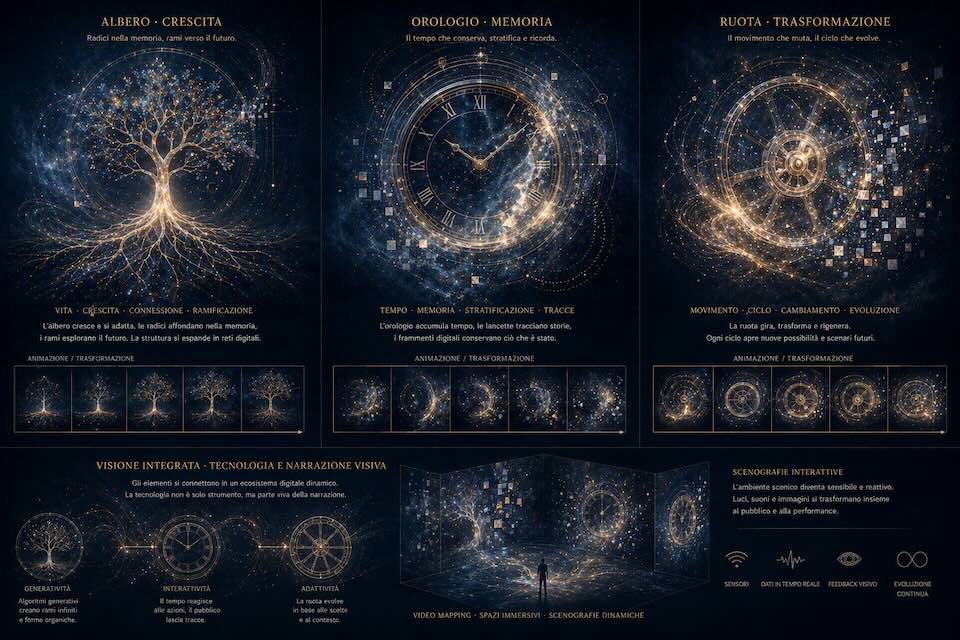 Studio visivo per un concerto: albero, orologio e ruota Tavola progettuale con albero, orologio e ruota luminosi, associati a crescita, memoria e trasformazione, sequenze di animazione e uno spazio scenico immersivo.
